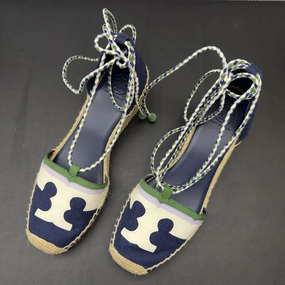 Tory Burch Laguna Espadrille Wedge Shoes Navy Blue Green Lace Up 8.5 NEW